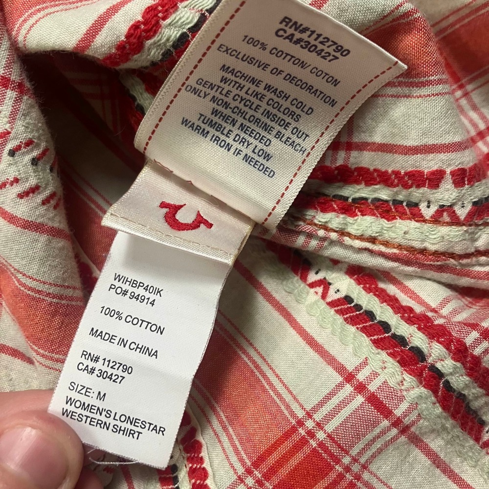 True Religion Plaid Western Snap Button Shirt Womens M Blue Brown Long Sleeve - Picture 8 of 12